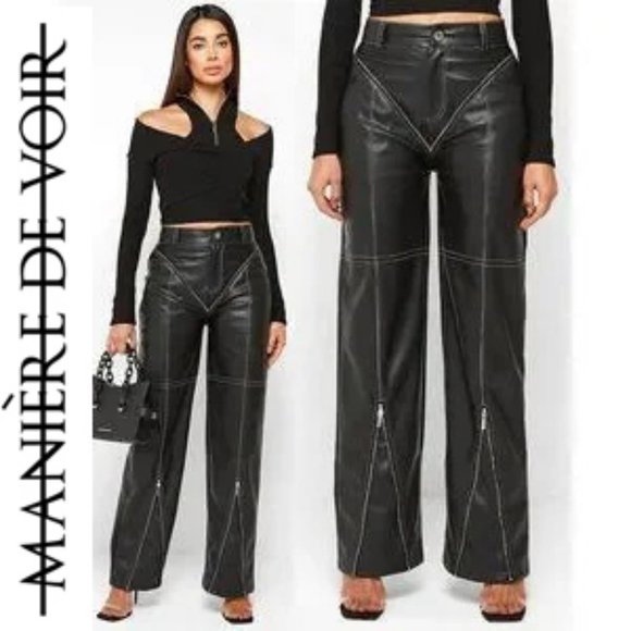 💥HOT ITEM💥MANIÈRE DE VOIR Leather High Waist Wide Leg Moto Pants in Black - Picture 1 of 15
